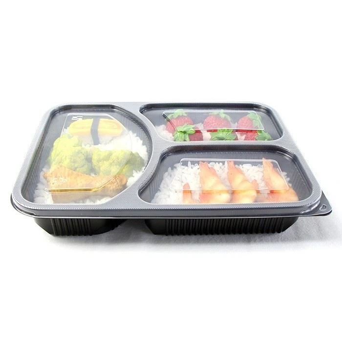 Blwch Bento tafladwy PP 3 Cynhwyswyr Bwyd Compartment Gyda Chaead